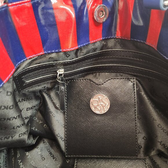 DKNY Striped Tote Red Blue Donna Karan New York Purse Bag Vinyl - Picture 10 of 14